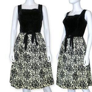 Vintage 50s Dress Black Velvet Bow Bodice Brocade Glam Party Women's Small